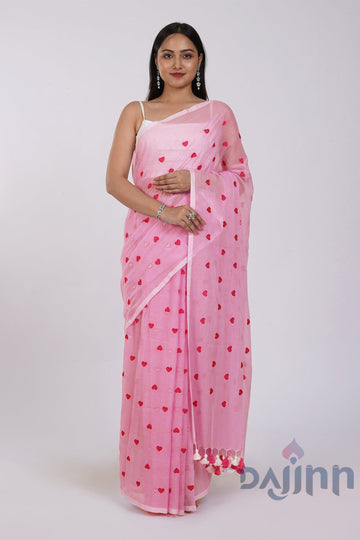 AYSR Boutique Chahna Pink Mul Cotton Heart Embroidery Saree