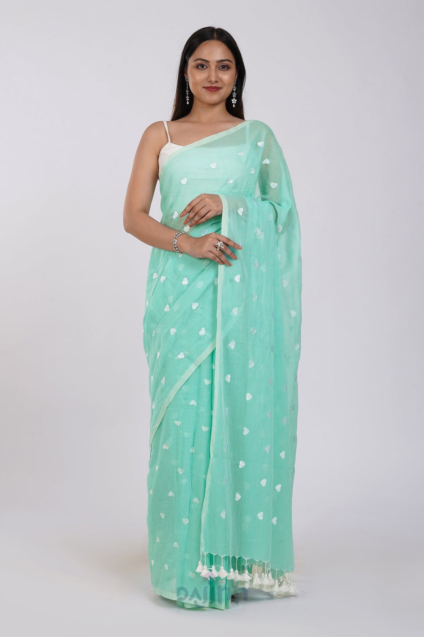 AYSR Boutique Chahna Sea Green and White Mul Cotton Heart Embroidery Saree