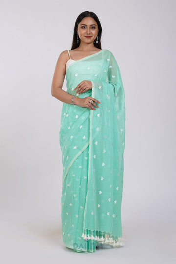 AYSR Boutique Chahna Sea Green and White Mul Cotton Heart Embroidery Saree