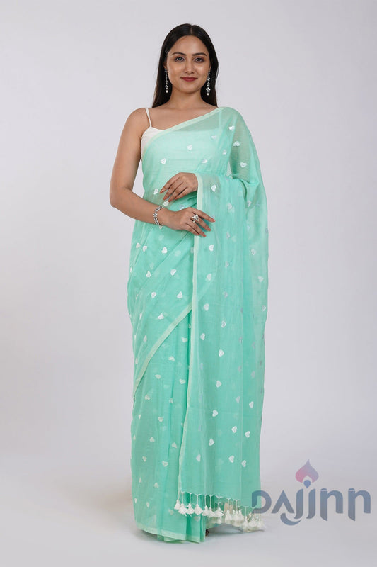 AYSR Boutique Chahna Sea Green and White Mul Cotton Heart Embroidery Saree