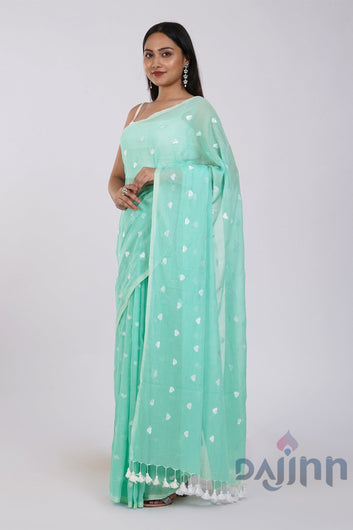 AYSR Boutique Chahna Sea Green and White Mul Cotton Heart Embroidery Saree