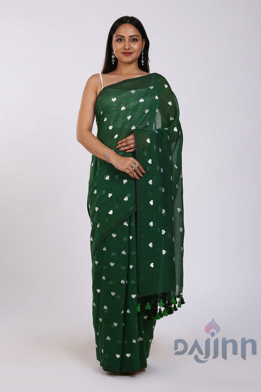 AYSR Boutique Chahna Bottle Green and White Mul Cotton Heart Embroidery Saree