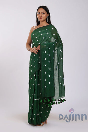 AYSR Boutique Chahna Bottle Green and White Mul Cotton Heart Embroidery Saree