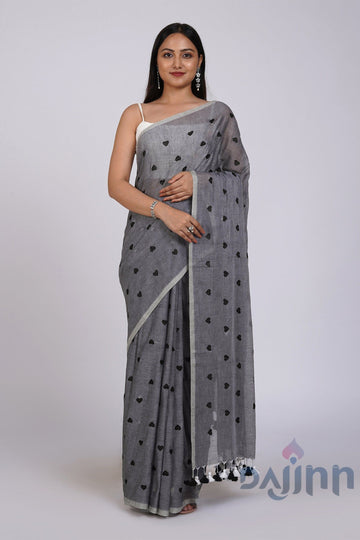 AYSR Boutique Chahna Grey and Black Mul Cotton Heart Embroidery Saree