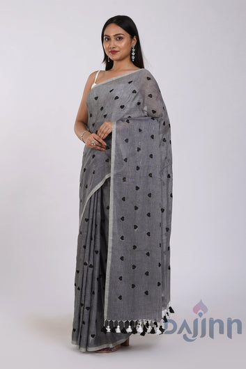 AYSR Boutique Chahna Grey and Black Mul Cotton Heart Embroidery Saree