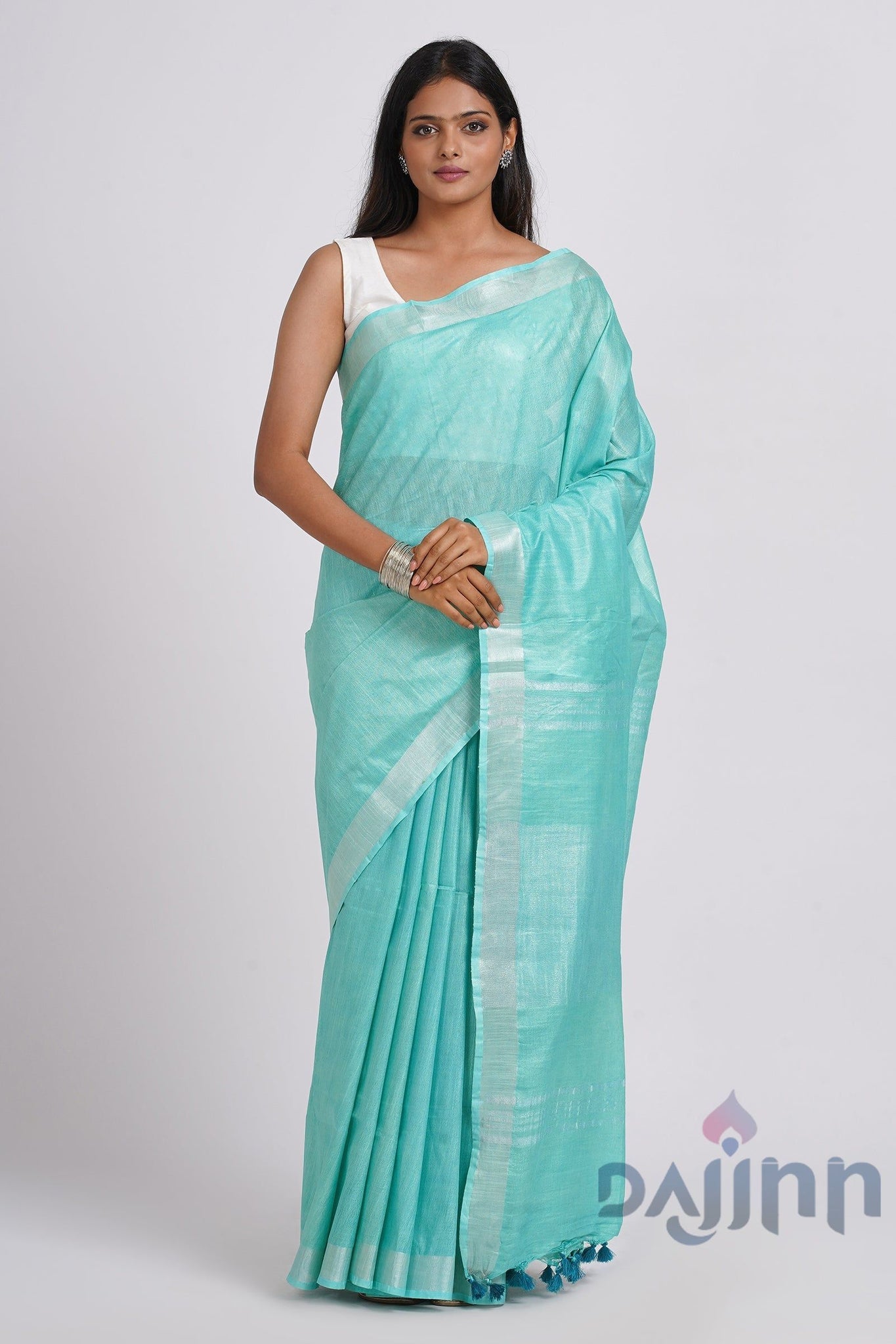 AYSR Boutique Kaya Turquoise Zari Linen Saree