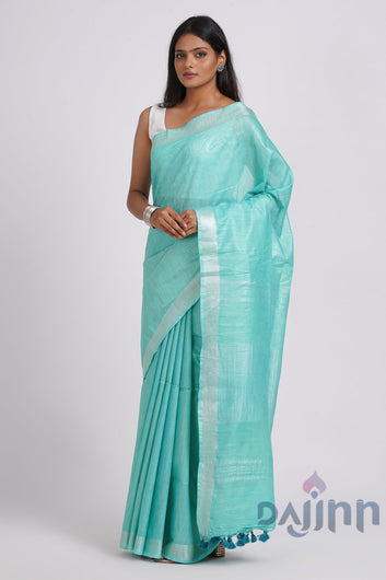 AYSR Boutique Kaya Turquoise Zari Linen Saree