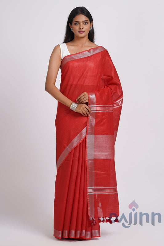 AYSR Boutique Kaya Red Zari Linen Saree