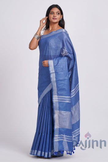 AYSR Boutique Kaya Blue Zari Linen Saree