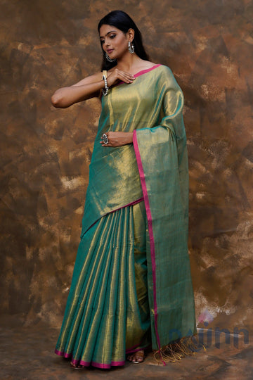 AYSR Boutique Idayini Turquoise Organic Tissue Silk Saree