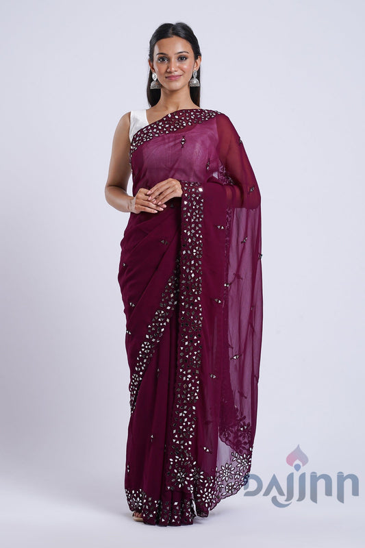 AYSR Boutique Amraya Wine Georgette Mirror Work Saree