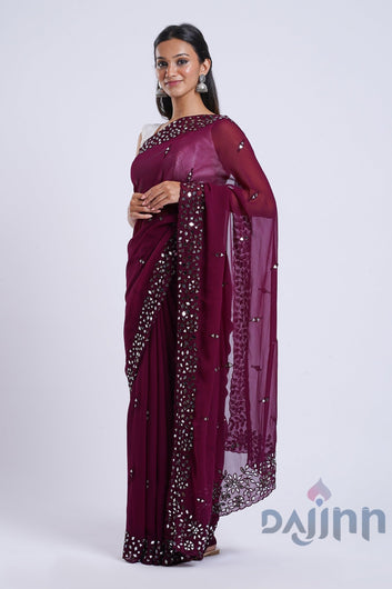 AYSR Boutique Amraya Wine Georgette Mirror Work Saree