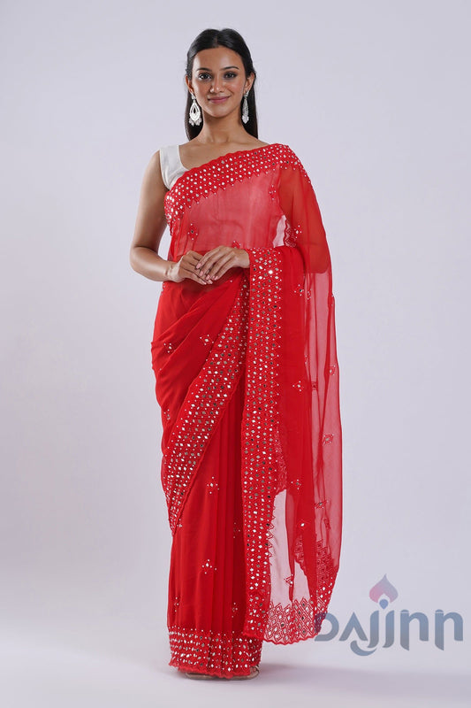 AYSR Boutique Daivya Red Georgette Mirror Work Saree