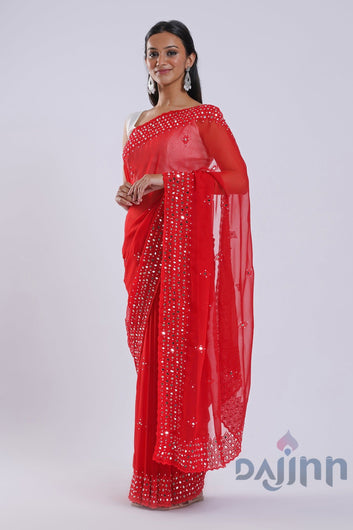 AYSR Boutique Daivya Red Georgette Mirror Work Saree