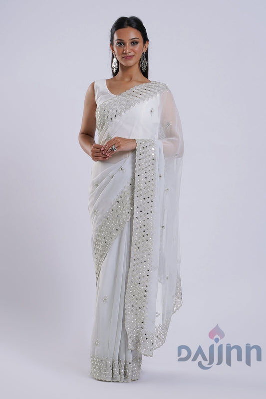 AYSR Boutique Daivya Grey Georgette Mirror Work Saree