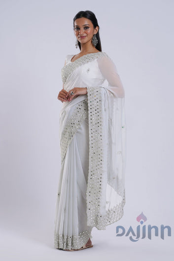 AYSR Boutique Daivya Grey Georgette Mirror Work Saree