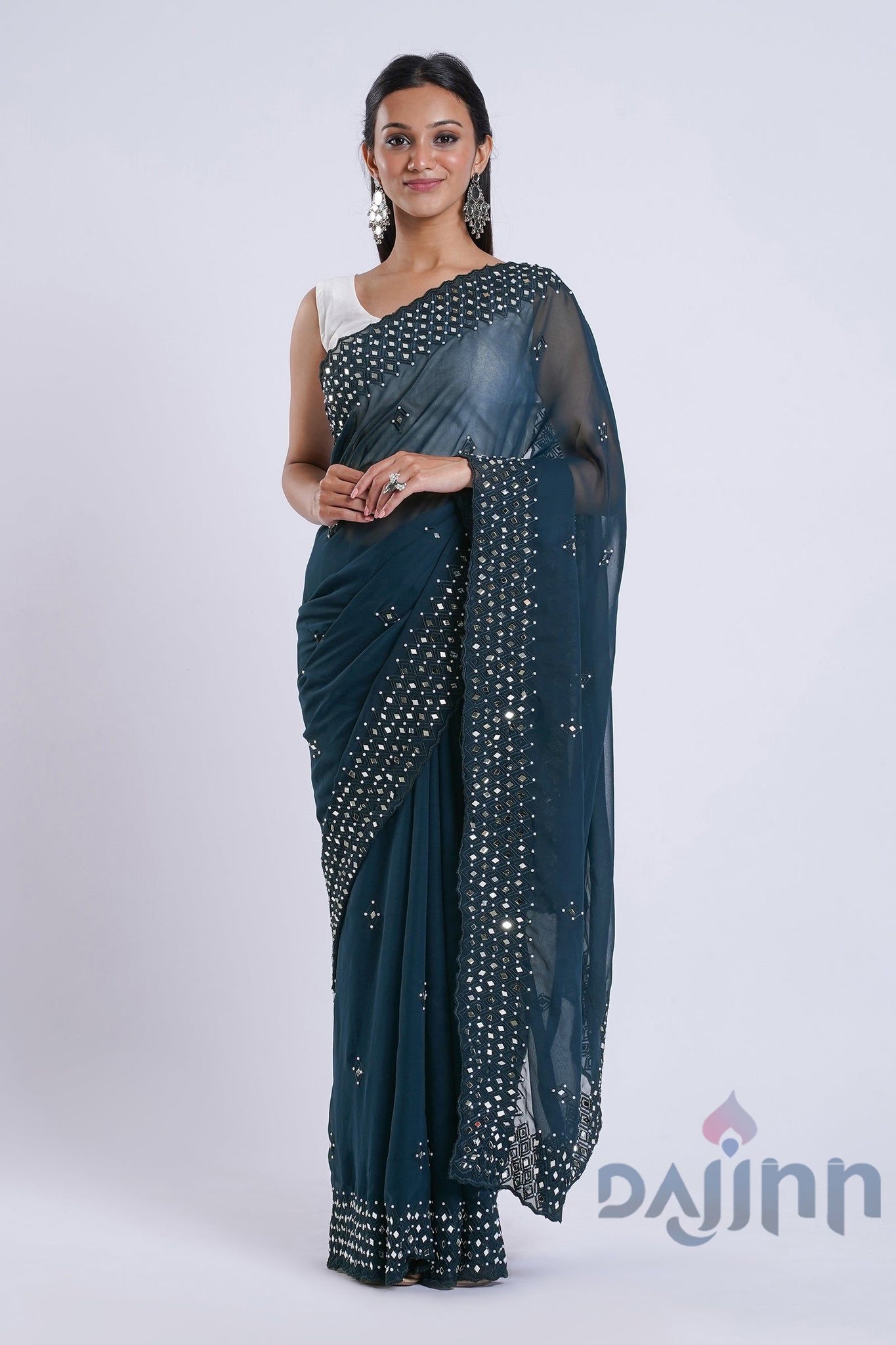 AYSR Boutique Daivya Blue Georgette Mirror Work Saree