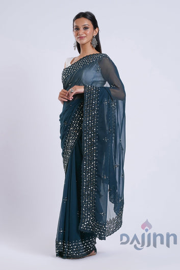 AYSR Boutique Daivya Blue Georgette Mirror Work Saree