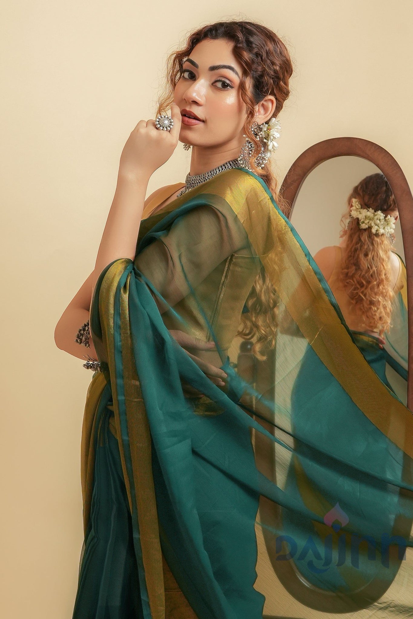 AYSR Boutique Sanah Persian Green Chiffon Ready to Drape Saree