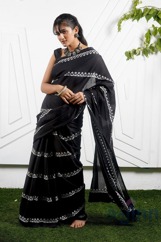 AYSR Boutique Chameli Black Print Mulmul Cotton Saree