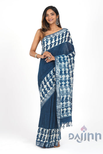 AYSR Boutique Deep Blue Linen Saree