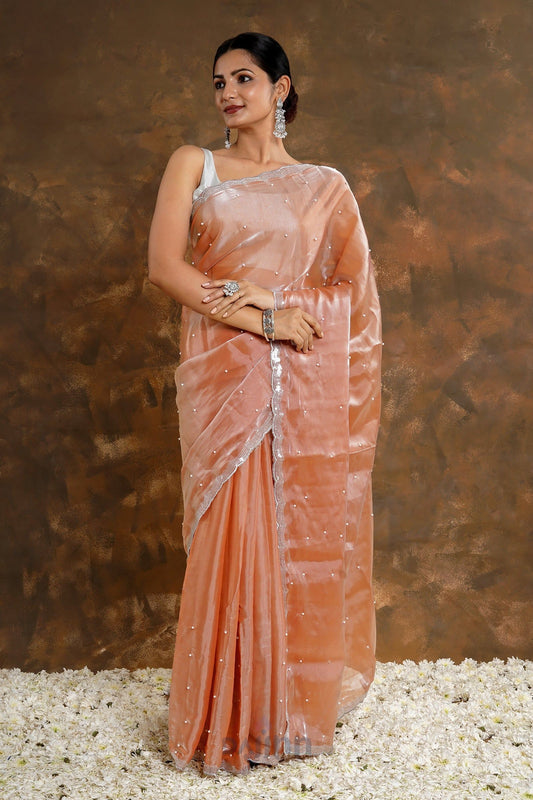 AYSR Boutique Pearly Peach Tissue Saree