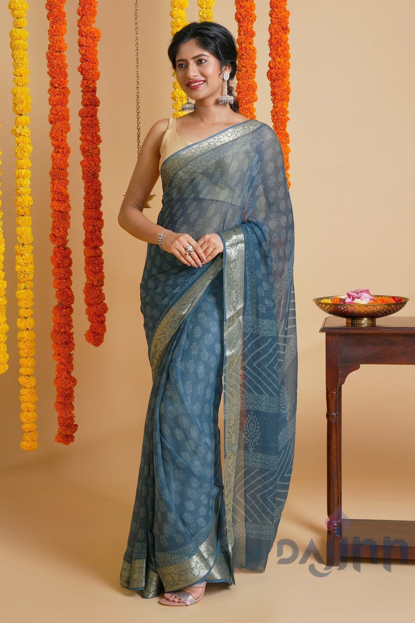 Indigo Dream Block Print Chiffon Saree