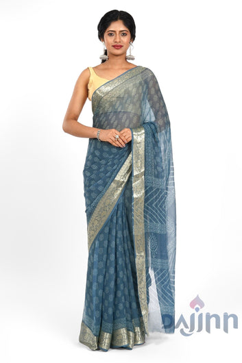 Indigo Dream Block Print Chiffon Saree