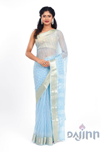 Azure Sky Blue Block Print Chiffon Saree