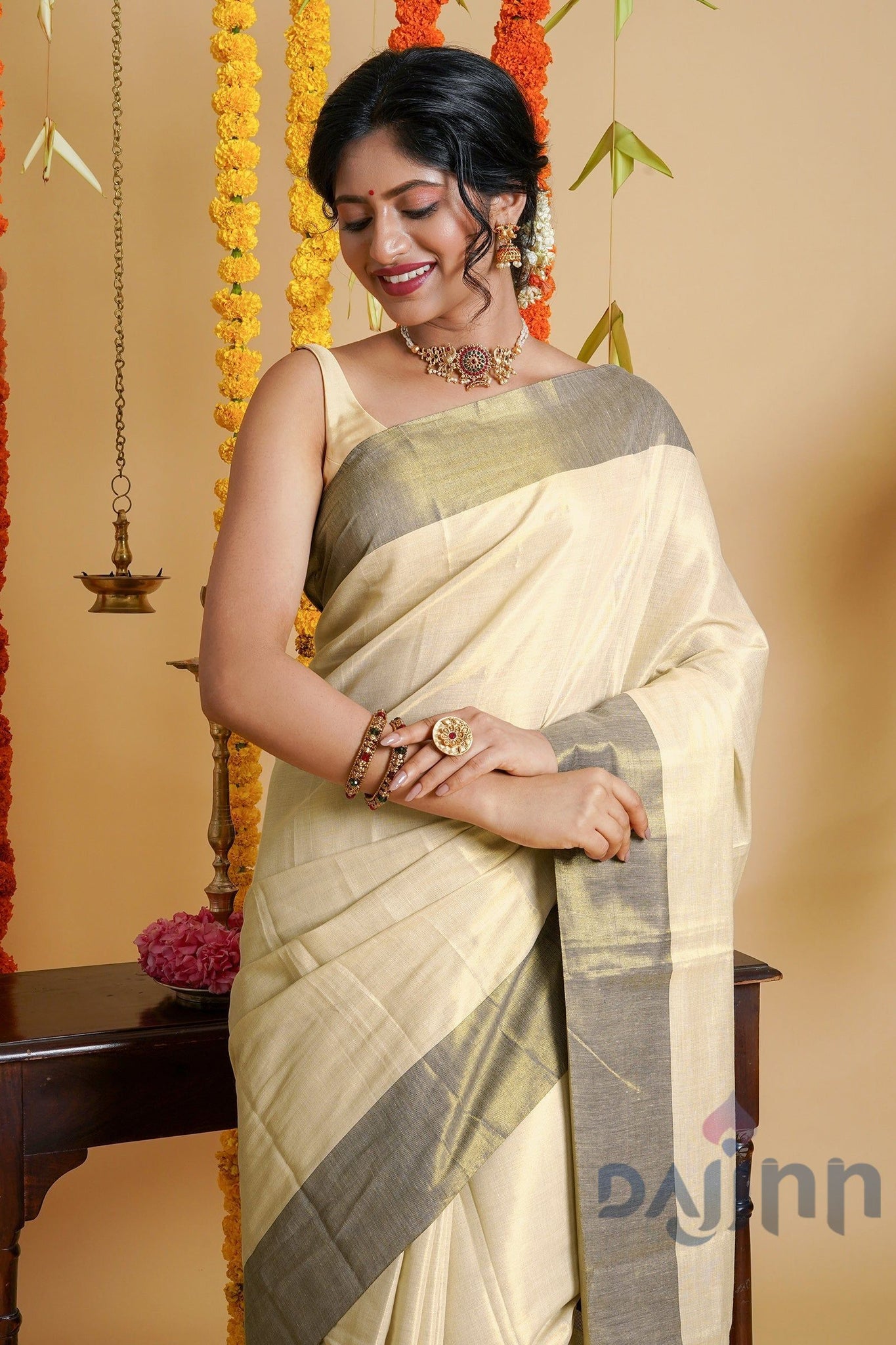 AYSR Boutique Chalakudy Kerala Tissue Cream Golden Saree