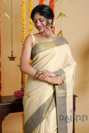 AYSR Boutique Chalakudy Kerala Tissue Cream Golden Saree