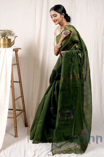 AYSR Boutique Lush Green Handloom Box Sequin Saree