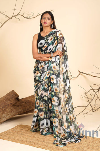 AYSR Boutique Raven Bloom Digital Print Chiffon Saree