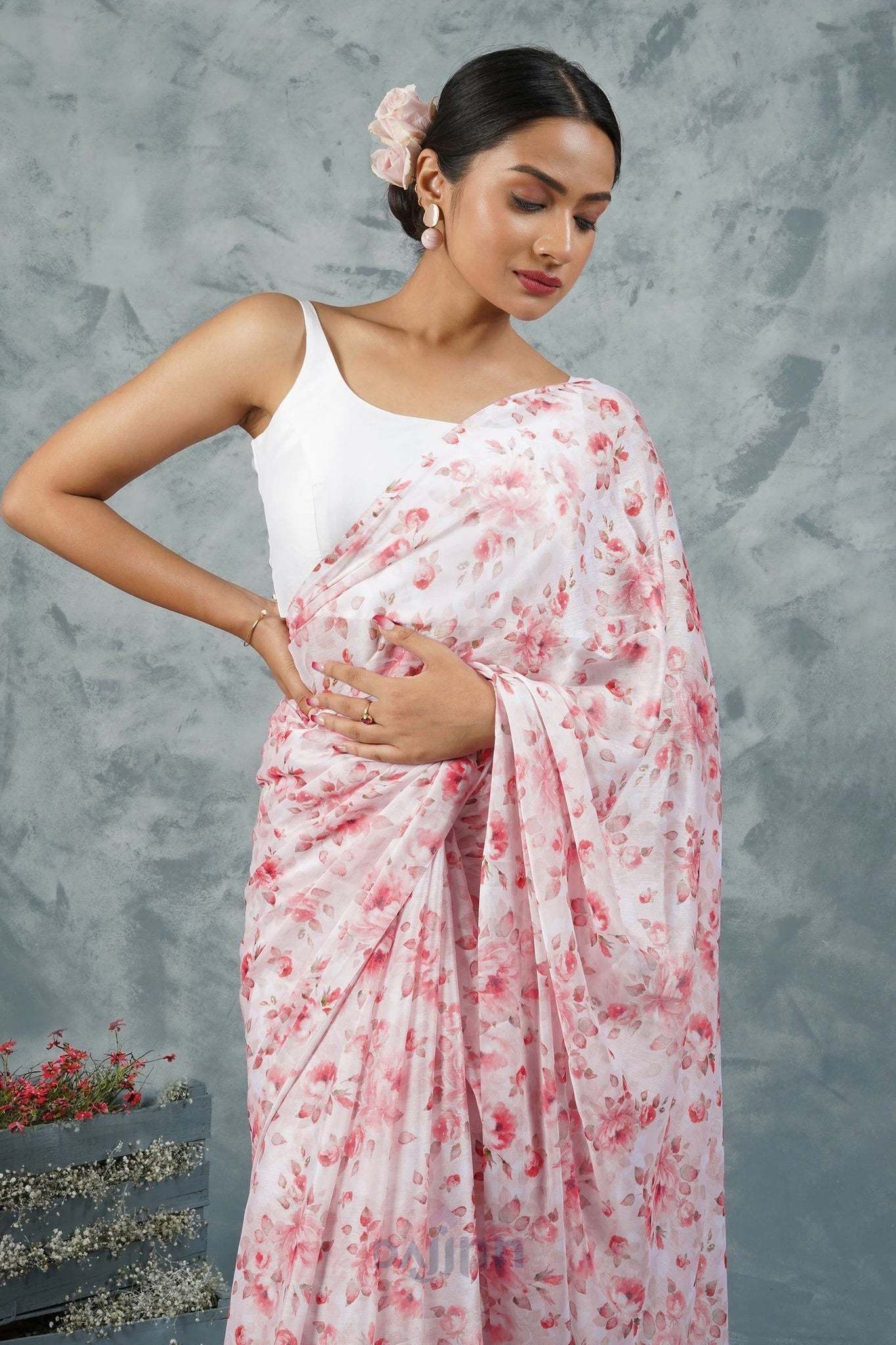 AYSR Boutique Crimson Petal Digital Print Chiffon Saree