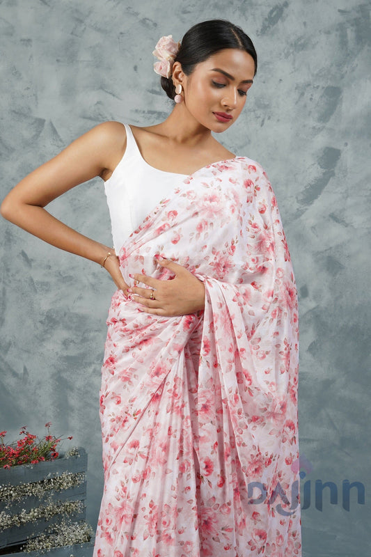 AYSR Boutique Crimson Petal Digital Print Chiffon Saree