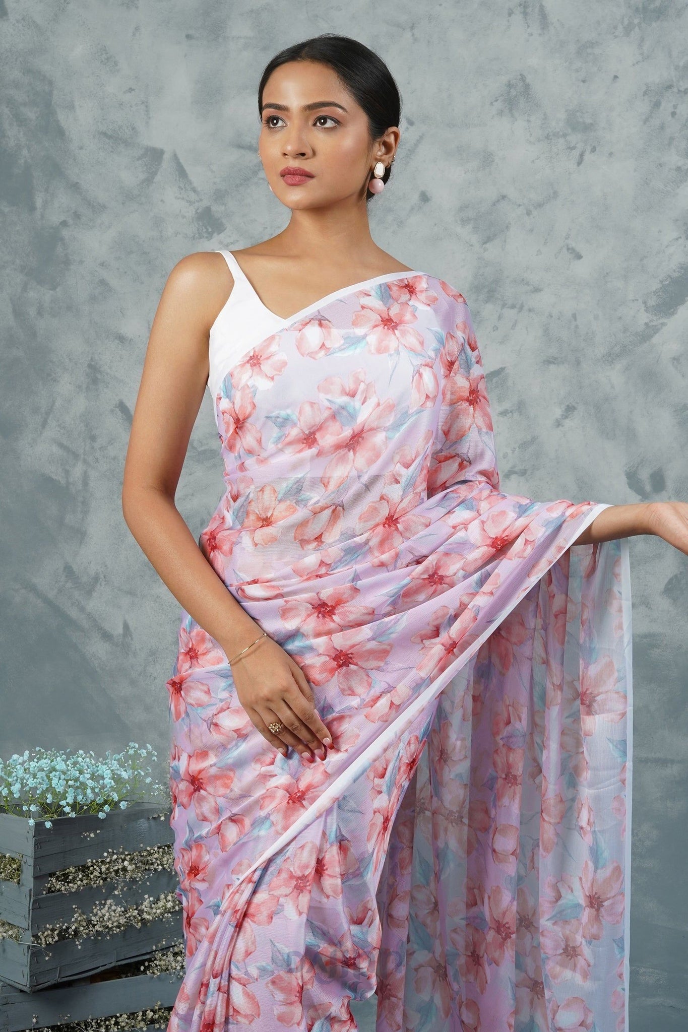 AYSR Boutique Grey Blossom  Digital Print Chiffon Saree