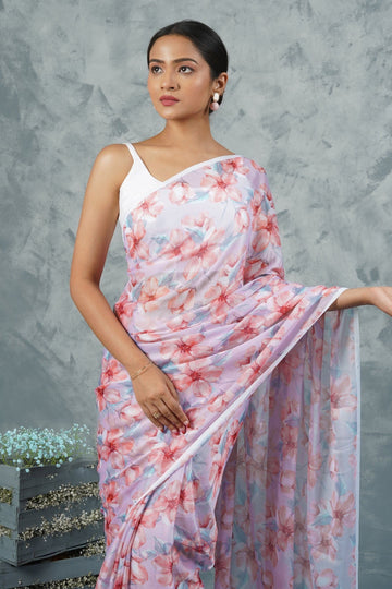 AYSR Boutique Grey Blossom  Digital Print Chiffon Saree