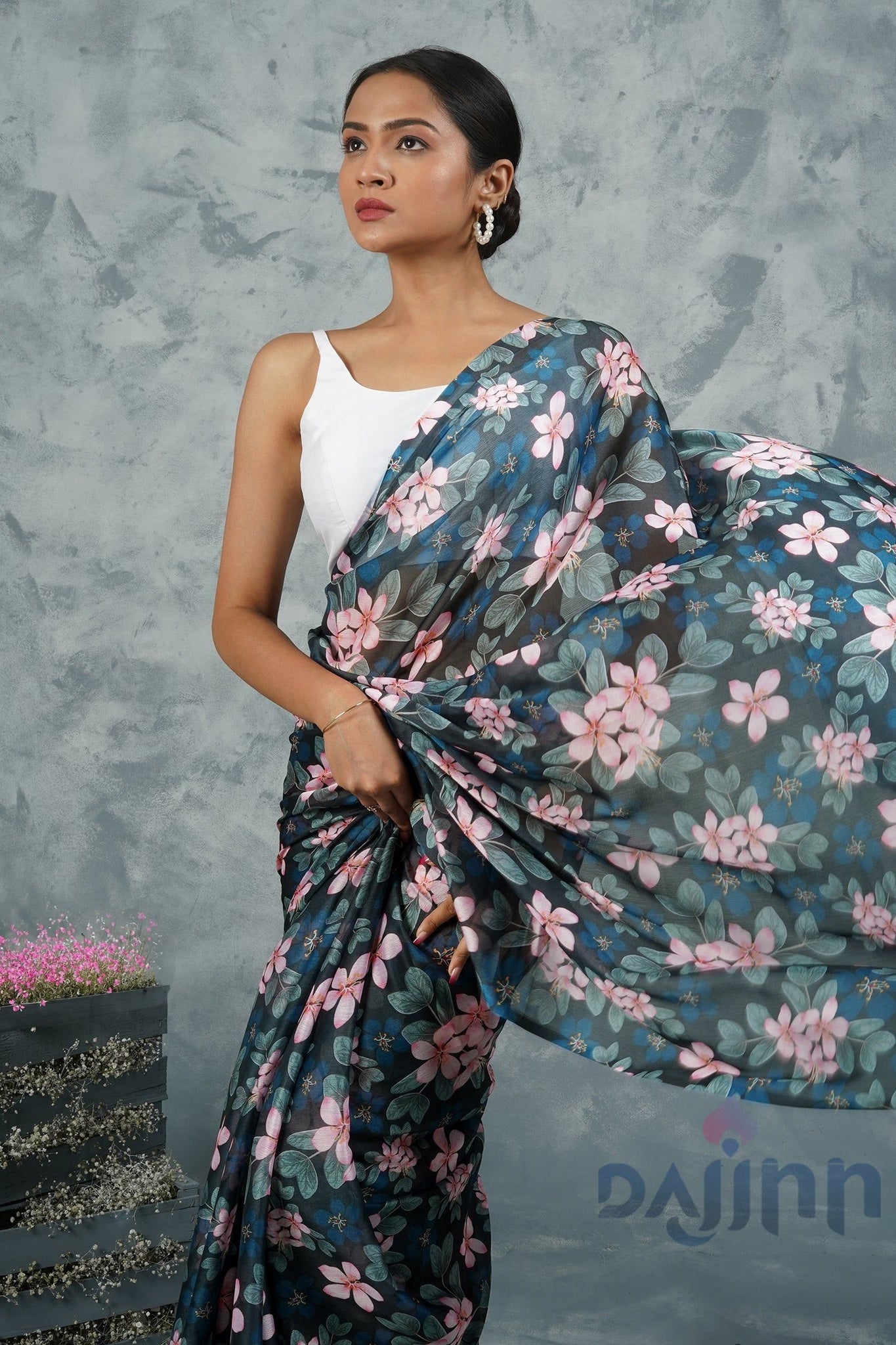 AYSR Boutique Noir Rose Digital Print Chiffon Saree