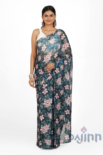 AYSR Boutique Noir Rose Digital Print Chiffon Saree