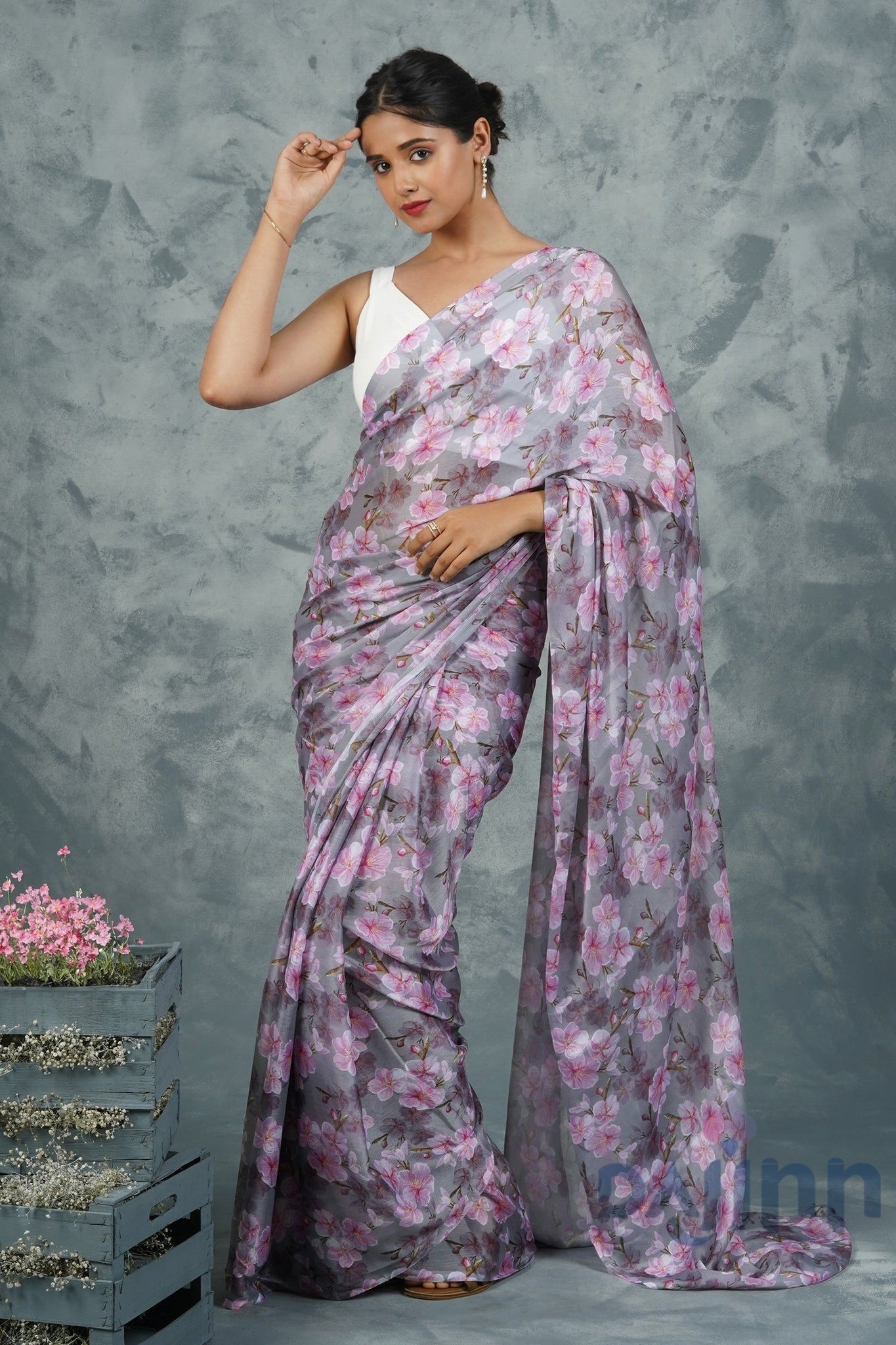 AYSR Boutique Blushing Slate  Digital Print Chiffon Saree