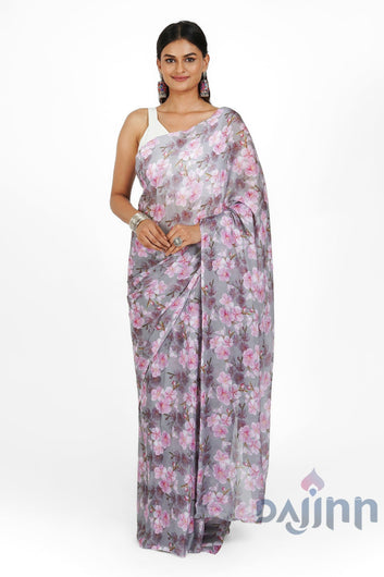 AYSR Boutique Blushing Slate  Digital Print Chiffon Saree