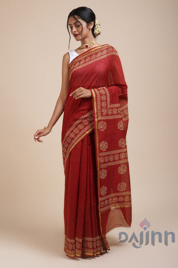 AYSR Boutique Dipped In Red Dark Red Block Print Chanderi Silk Saree