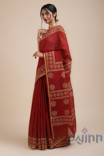 AYSR Boutique Dipped In Red Dark Red Block Print Chanderi Silk Saree