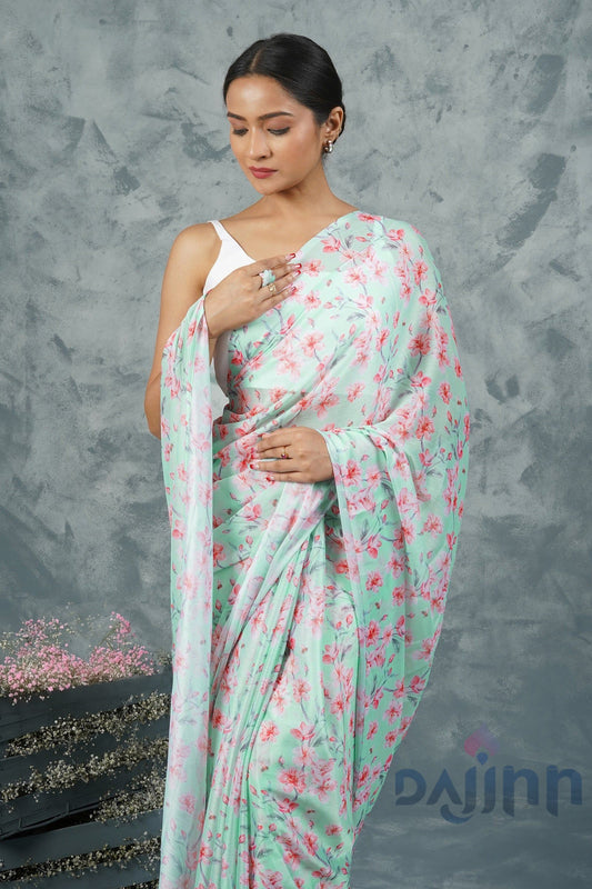 AYSR Boutique Rosy Seaside Bloom Digital Print Chiffon Saree