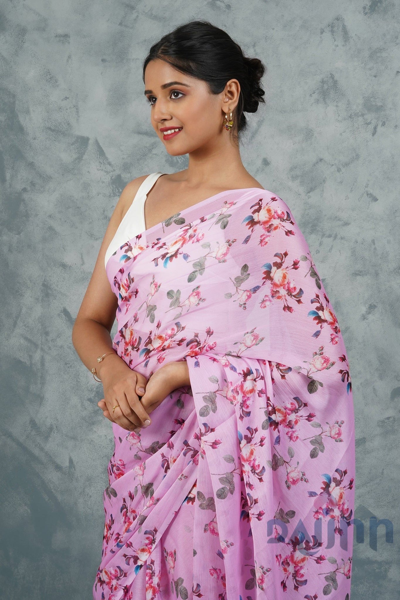 AYSR Boutique Carnation Whisper Digital Print Chiffon Saree