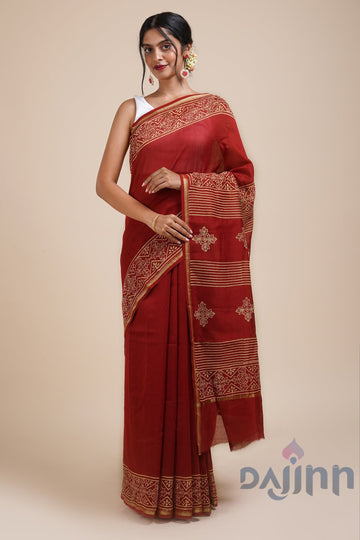 AYSR Boutique Dil Khush Dark Red Block Print Chanderi Silk Saree