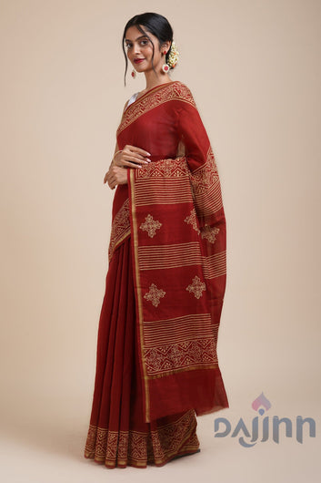 AYSR Boutique Dil Khush Dark Red Block Print Chanderi Silk Saree