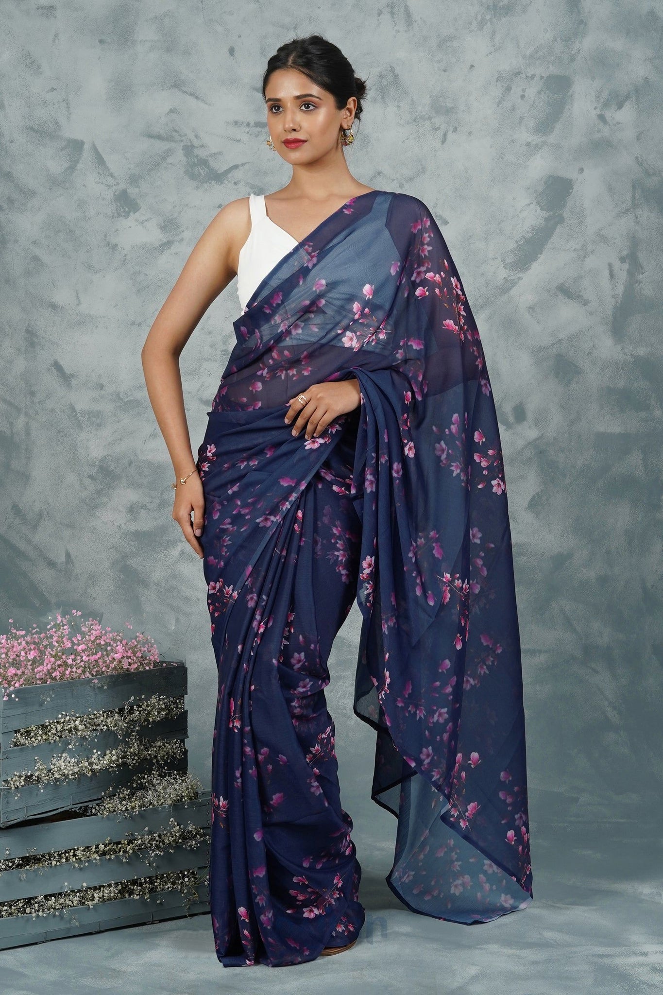 AYSR Boutique Starry Night Elegance Digital Print Chiffon Saree