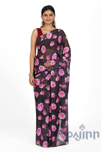 AYSR Boutique  Ebony Rose Pink Digital Print Chiffon Saree