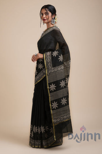 AYSR Boutique Chandini Raat Black Block Print Chanderi Silk Saree